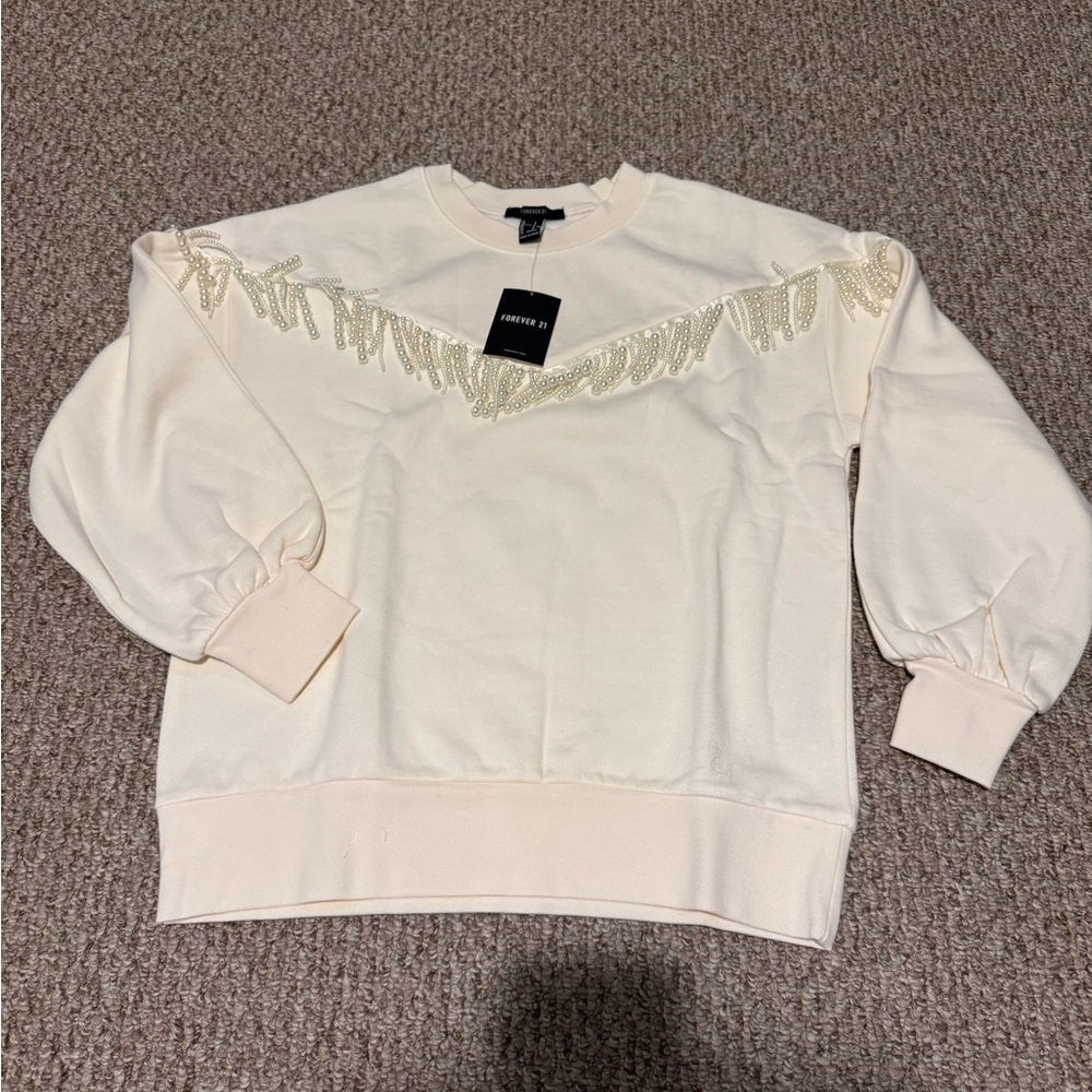 Forever 21 Cream Sweater with Pearl Fringe Detail NWT